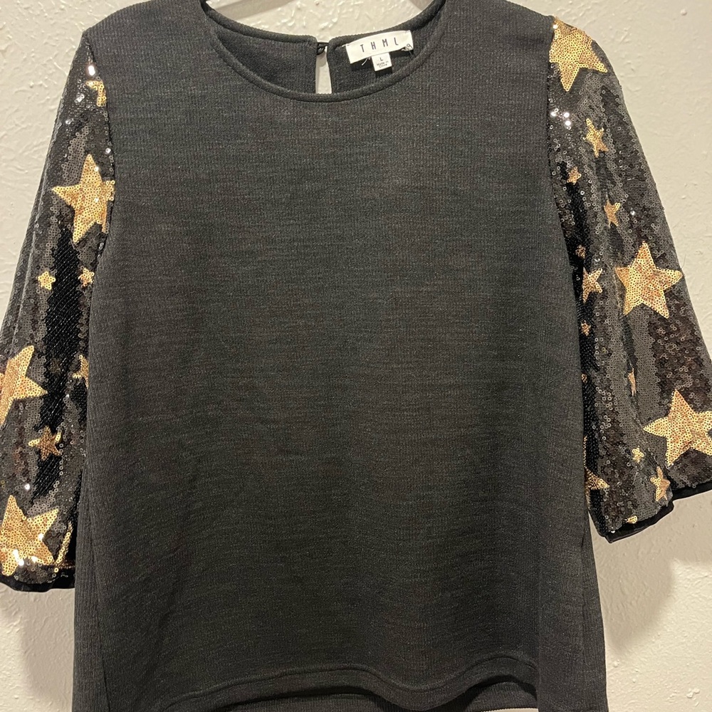 THML Black Blouse with Gold Star Sleeves